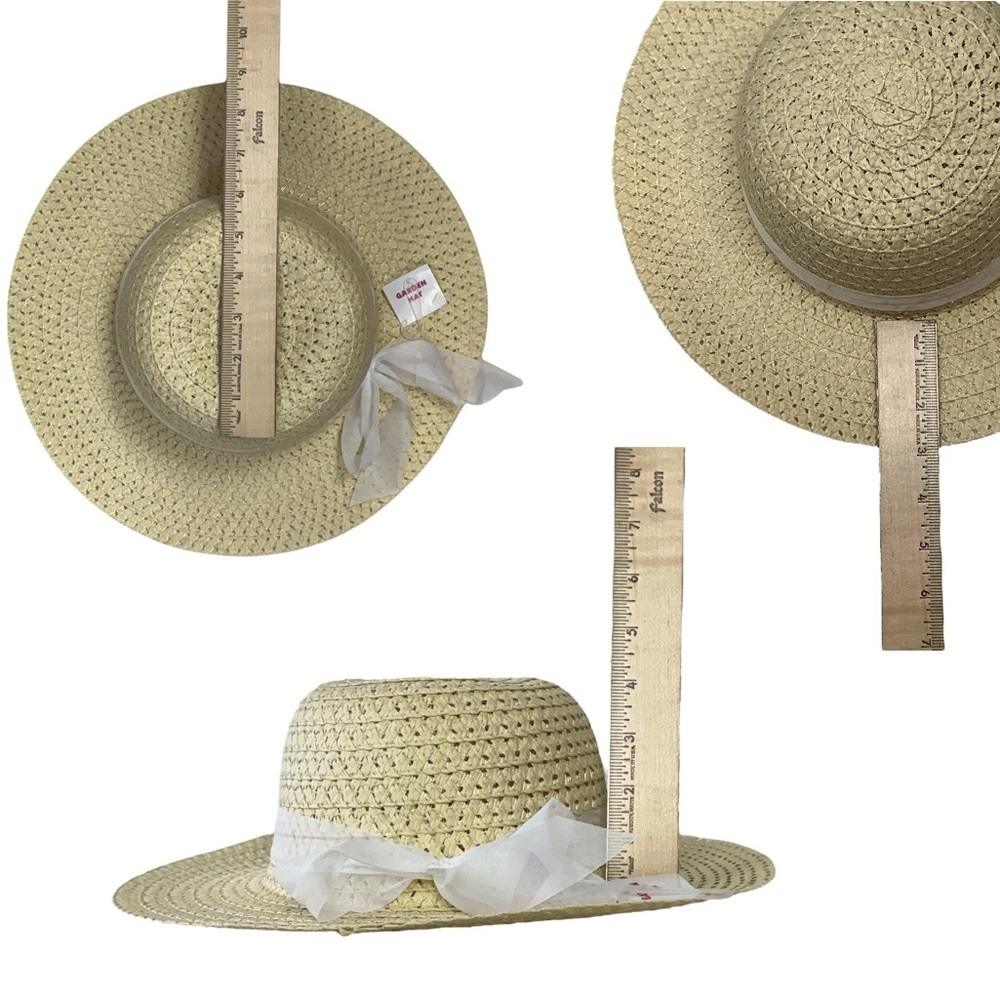 Straw Sun Garden Beach Hat Floppy Wide Brim White Ribbon Neutral Yellow Women OS - Picture 3 of 16